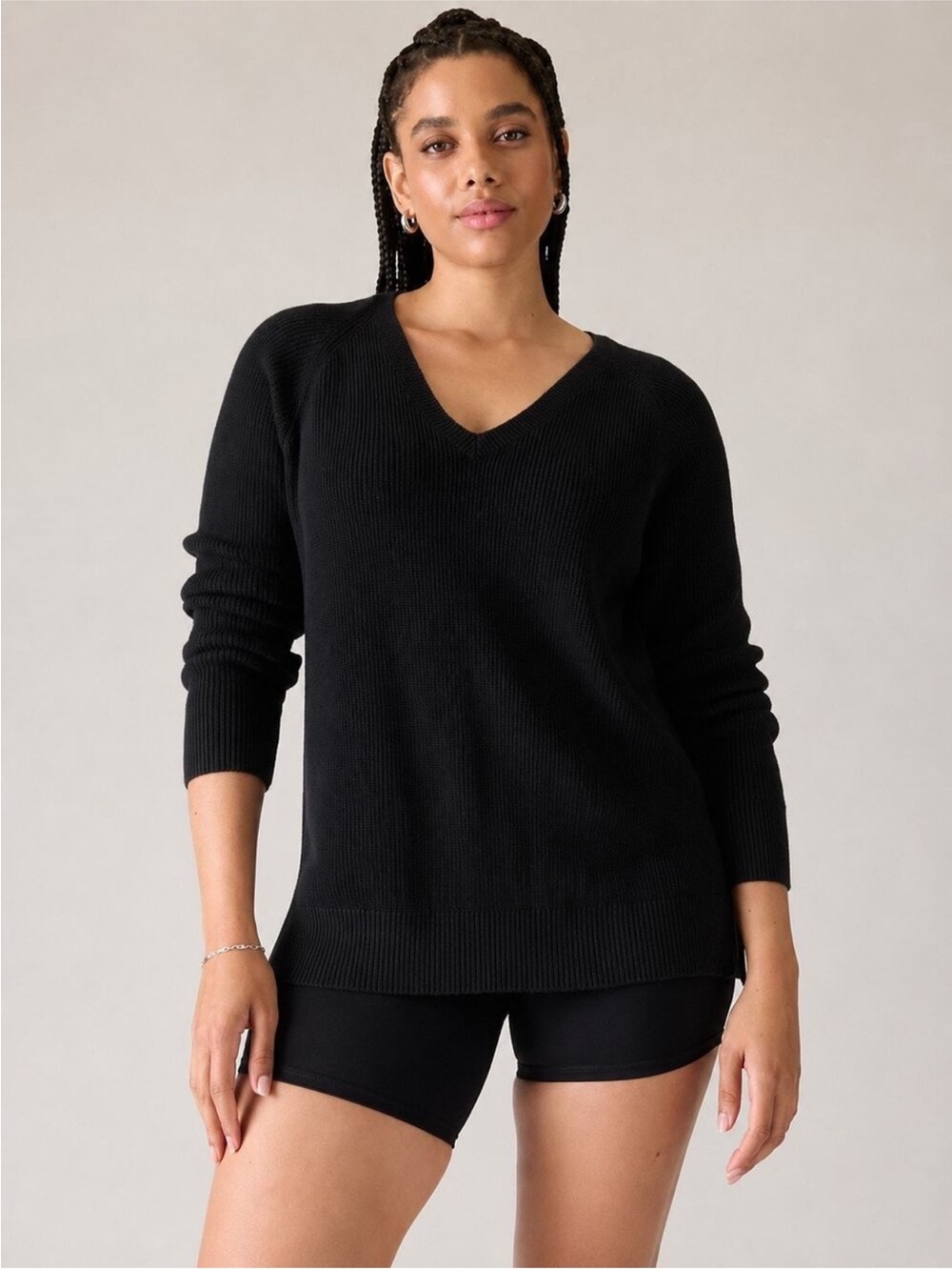 Athleta Women's Knitted Hanover V-Neck Sweater Long Sleeves Black Size Medium
